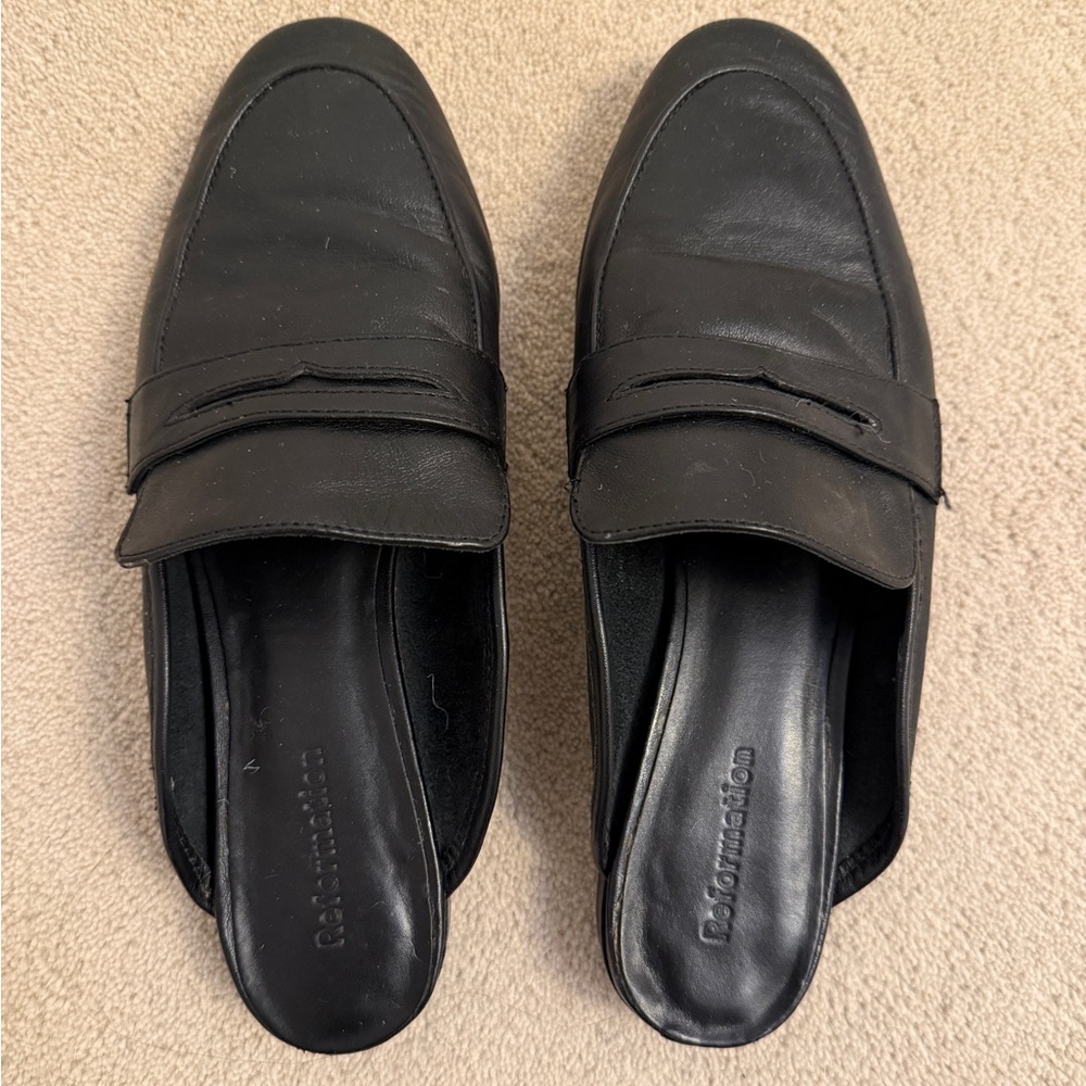 Reformation Black Leather Mules